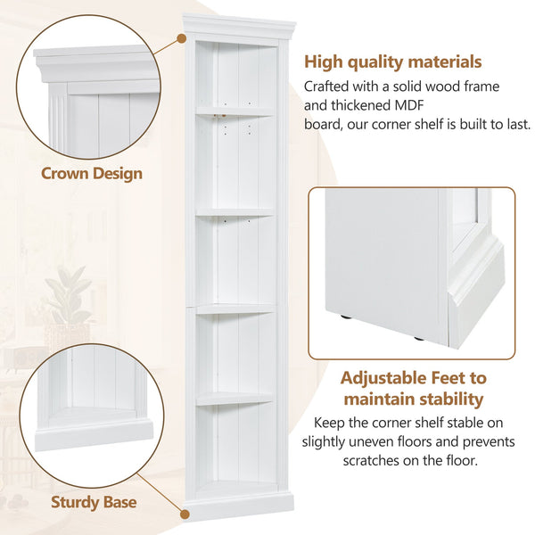 English Elm 83.4"Tall 5 Tier Corner Bookcase, Modern White Triangle Shelf Unit with Adjustable Shelves, Solid Wood Frame, Space-Saving Display for Living Room N751P191709K