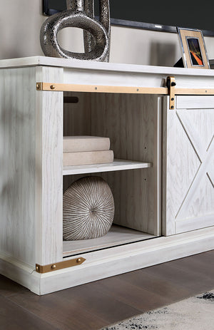English Elm Antique Rustic Farmhouse TV Console 72"W with Sliding X-Panel Doors, Metal Accents & Open Shelves Antique White 77 L x 34 W x 9 H B2741P361924