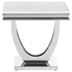 English Elm Durante White & Chrome U-Shaped End Table – Elegant Faux Marble Square Design For Modern Spaces B062S00723