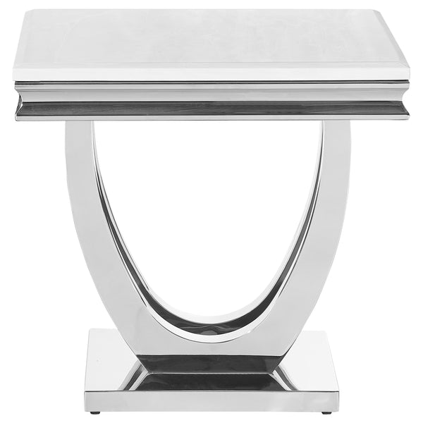 English Elm Durante White & Chrome U-Shaped End Table – Elegant Faux Marble Square Design For Modern Spaces B062S00723