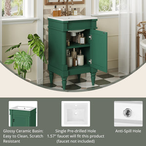 English Elm 18-Inch Modern Bathroom Vanity with Sink Compact Retro Design Durable MDF & Solid Wood Legs Storage-Friendly Green N710P257401F