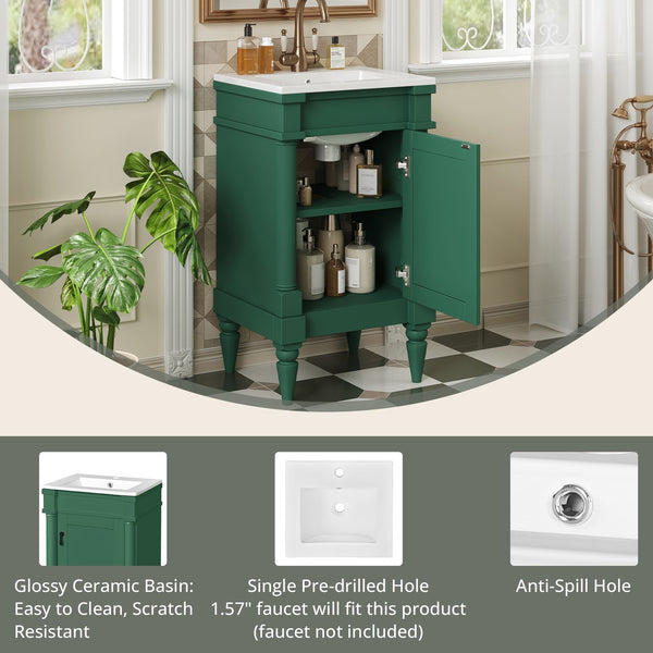 English Elm 18-Inch Modern Bathroom Vanity with Sink Compact Retro Design Durable MDF & Solid Wood Legs Storage-Friendly Green N710P257401F