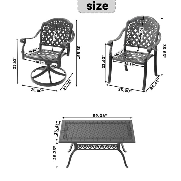 English Elm 7-piece Cast Aluminum Outdoor Dining Set with Swivel Chairs and Ornate Relief Detail W1710S00578