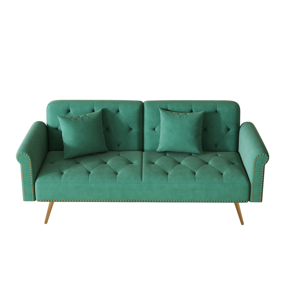 English Elm A Velvet 69.7" Sofa Bed with Gold Legs, Nailhead Trim, 2-Seater Convertible Sofa with Pillow Green W3356P298451