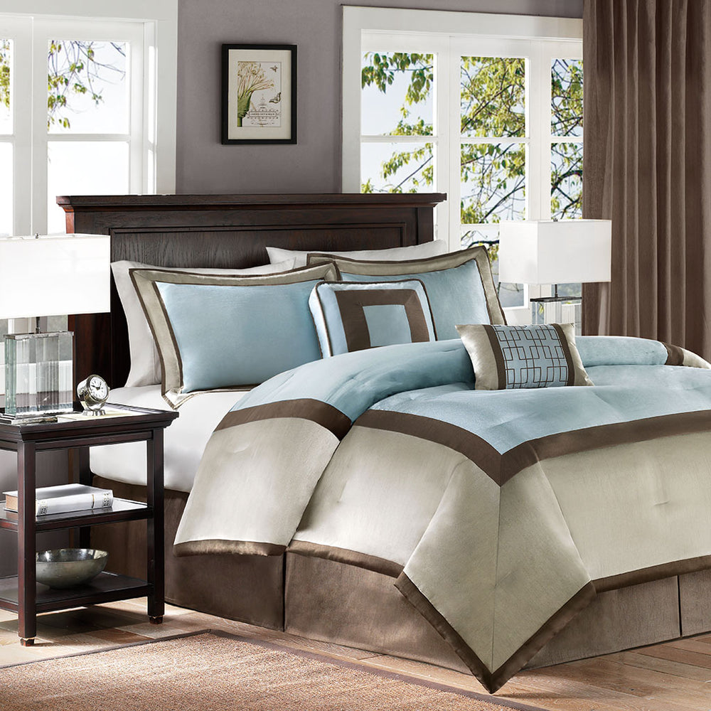 JLA Home Madison Park - 7 Madison Park Comforter Set - 7-Piece Light Blue, Chocolate & Taupe Hotel-Inspired Layered Bedding Ensemble MP10-282