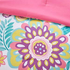JLA Home Mi Zone - Floral Camille comforter set with vibrant medallion print, reversible pink back, embroidered round pillow, antimicrobial, machine washable 90 L x 86 W x 1H MZ10-0561