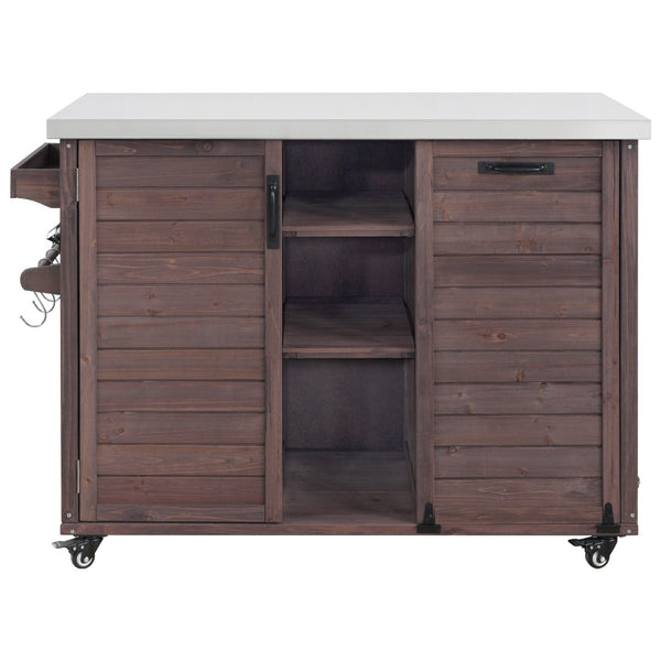 English Elm K&k Outdoor Rolling Kitchen Island Fir Wood Stainless Steel Top with Foldable Prep Station Dark Brown N707P370276Z