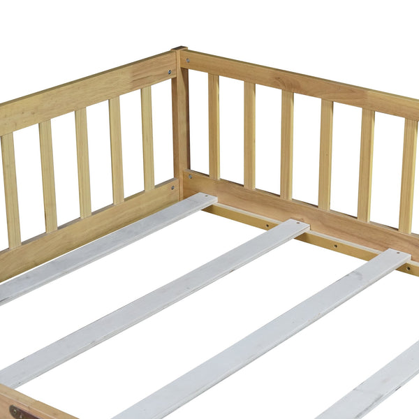 English Elm Full Size Floor Bed With Safety Guardrails, Eco-Friendly Rubber Wood, Minimalist Design & Easy Access W504P286380