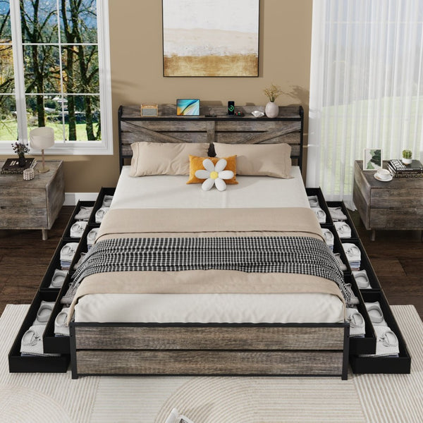 English Elm Queen Storage Bed with 12 Drawers Bookcase Headboard and Built-in Charging Station W636P325852