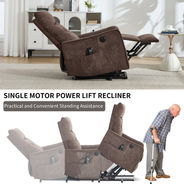 English Elm Beige Chenille Power Lift Recliner with Massage Heat and Usb for Senior Comfort Brown W1803P369080