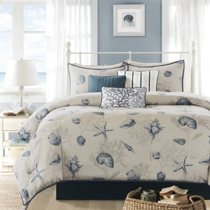English Elm 7 Bayside Cotton Sateen Comforter Set Queen – Coastal Seashell Print, Taupe Coral Accents, 200TC Luxury Blue 23.6 L x 18.9 W x 16.93 H B03597031