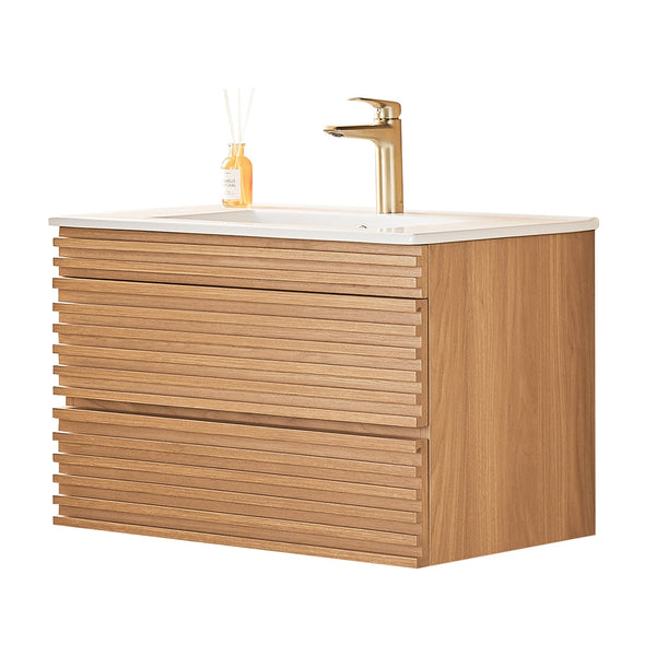 English Elm 30" Tiered Wall Mounted Floating Single Vanity with Ceramic Sink, Plywood Durability & Storage Nook W1826P255391