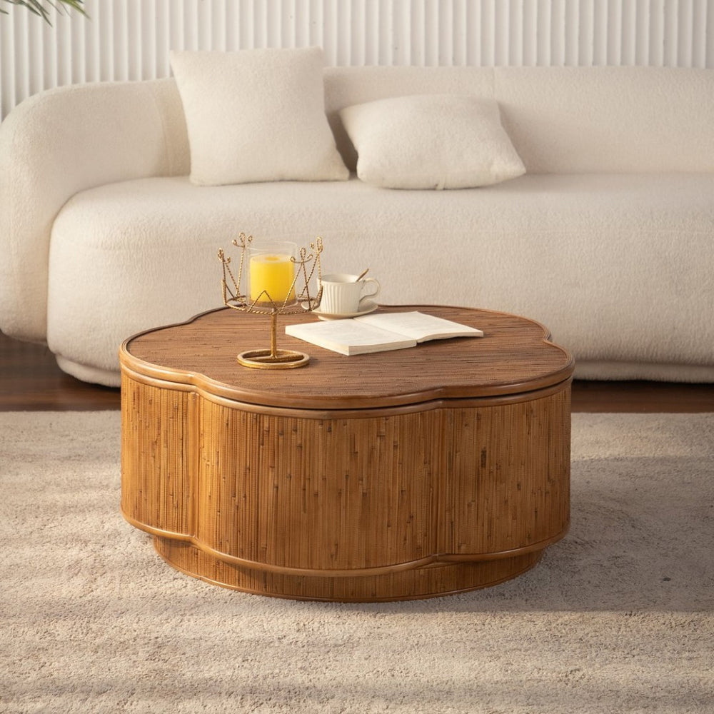 English Elm Flower-shaped Rattan Coffee Table Boho Woven Design with Hidden Lift Top Storage W3081P464745