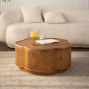 English Elm Flower-shaped Rattan Coffee Table Boho Woven Design with Hidden Lift Top Storage W3081P464745