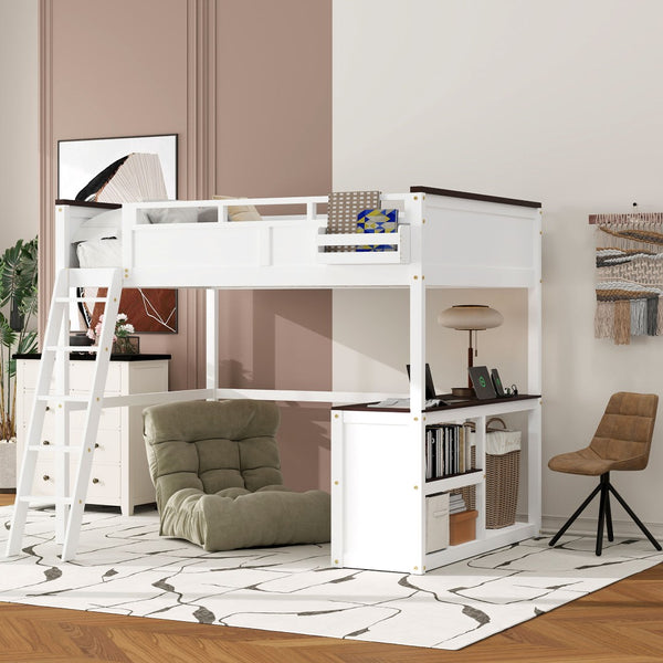 English Elm Queen Size Loft Bed With Desk, Usb Charging, Storage Box & Open Shelves For Organized Living Space N7090005002W-GIGA