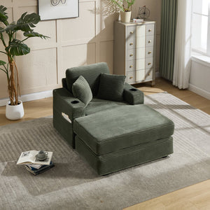 English Elm [New]Corduroy Upholstered Chaise Lounge Sofa with Detachable Cushions, Deep Seat, Cup Holders Green W2120P322754