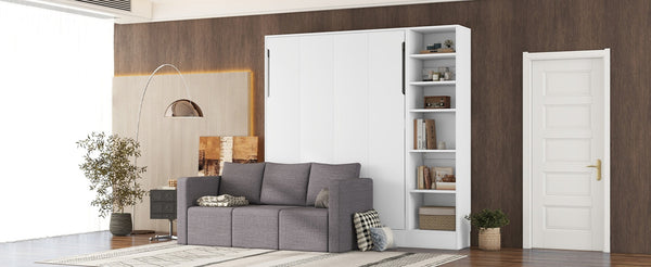 English Elm Full Size Murphy Wall Bed with Integrated Sofa Open Shelving White Cabinet Unit LP000795AAK