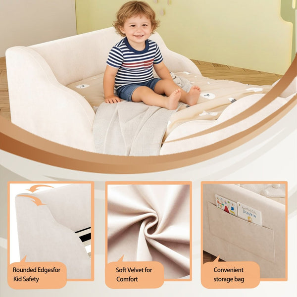 English Elm Toddler Floor Bed Velvet Upholstered Cloud Frame with Safety Rails and Storage Pocket N899P452412A