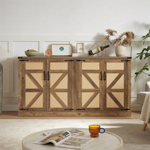 English Elm 65-Inch Slate Gray 3D Faux Rattan Sideboard with Barn-Style Doors, Magnetic Closure & Adjustable Shelves Oak W2702P184359