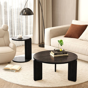 English Elm 32.68 Inch Black Oak Veneer Nesting Round Coffee Table Set for Modern Living Rooms W2899P435699