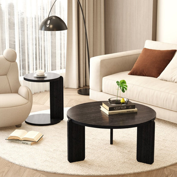 English Elm 32.68 Inch Black Oak Veneer Nesting Round Coffee Table Set for Modern Living Rooms W2899P435699