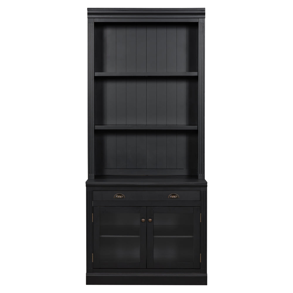 English Elm 83.4"Tall Modern Bookshelf With Led Lighting, Glass Doors & Drawer For Stylish Storage And Display N751S280595B