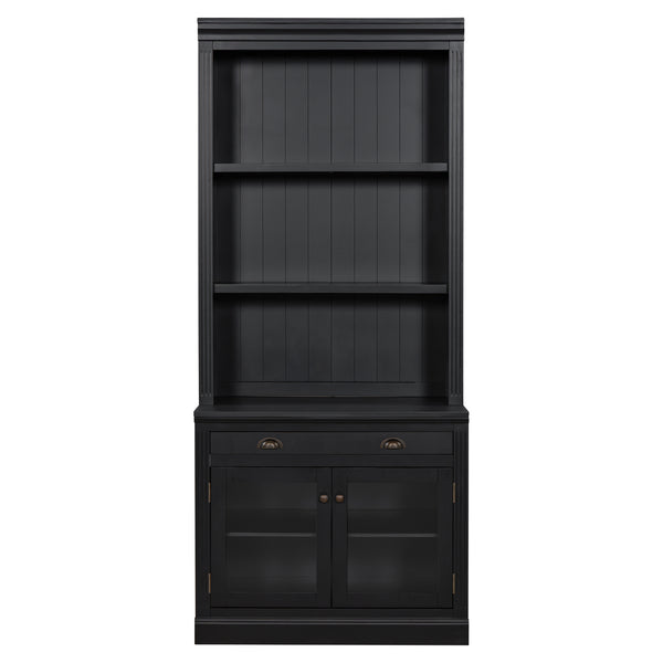 English Elm 83.4"Tall Modern Bookshelf With Led Lighting, Glass Doors & Drawer For Stylish Storage And Display N751S280595B