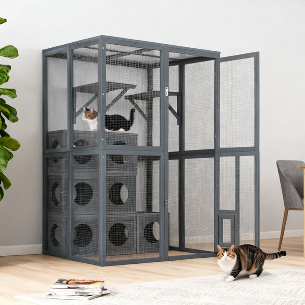 English Elm Catio Outdoor Cat Enclosure Modular Pine Wood Weatherproof Multi-level Feline Play Space N843MP104G
