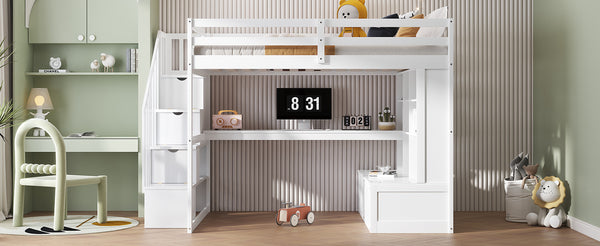 English Elm Full Full Size Loft Bed with Desk, Shelves, Two Drawers and Storage Staircase in Warm Wood Finish White GX000397AAK