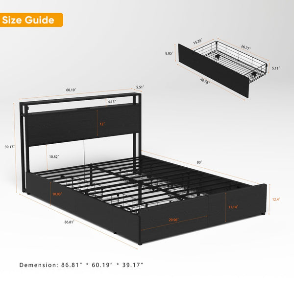 English Elm Queen Platform Bed with Led Headboard Six Storage Drawers and Built-in Charging W2129P314789