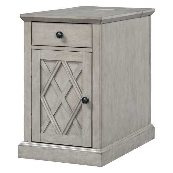 English Elm U-can Acacia Wood End Table with Usb Charging Station Drawer and Cabinet Storage Antique Gray N724P353565E
