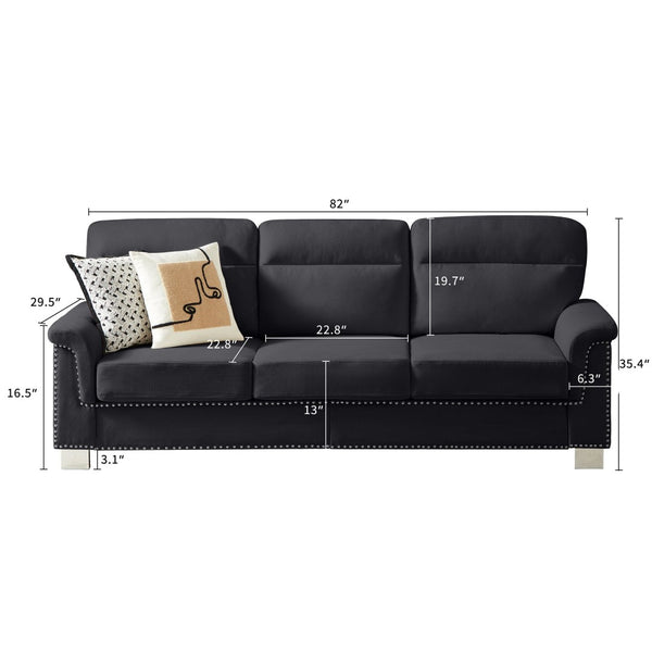 English Elm 82" Chesterfield Snowfleece Upholstered 3-seat Sofa Nailhead Trim Plush Living Room Black W1359P386022