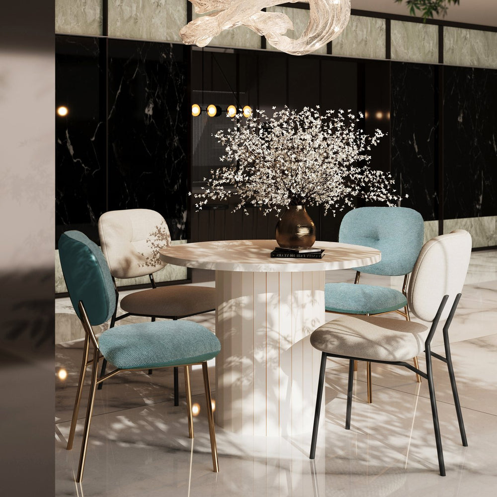 English Elm Modern 4-Person Dining Set with White Bamboo-MDF Table, Turquoise & Beige Fabric Chairs, Space-Saving Elegance TWSET2025-2