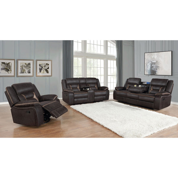 English Elm Brazelton Three-Piece Motion Sofa Loveseat Recliner Set with Leatherette Upholstery, Cup Holders and Storage Brown B062S01169