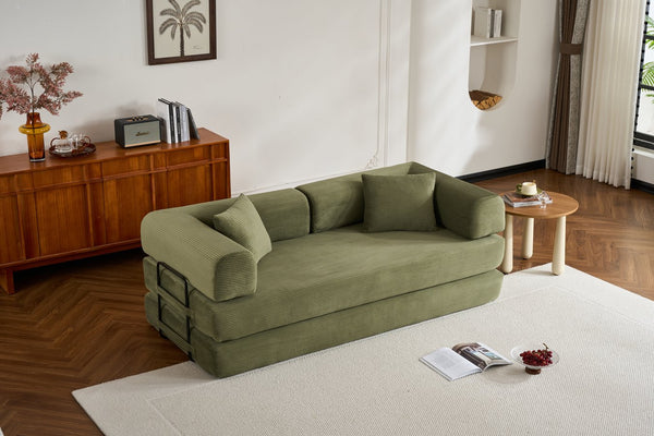 English Elm Convertible Sleeper Sofa Bed Corduroy 4-in-1 Folding Floor Couch with 35D Sponge Support and No-Assembly Green W3434P378558