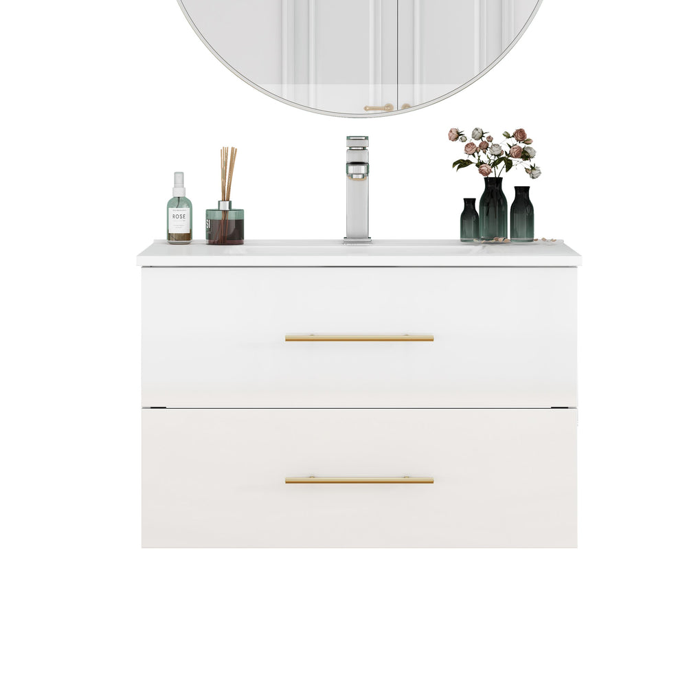 English Elm 30-Inch Sleek Wall-Mounted Bathroom Vanity With Integrated Sink, Double Drawers & Easy Installation W3151S00053