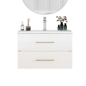 English Elm 30-Inch Sleek Wall-Mounted Bathroom Vanity With Integrated Sink, Double Drawers & Easy Installation W3151S00053