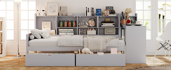 English Elm Full Full Size Daybed with Storage: L-Shape Wooden Frame, 3 Cabinets 2 Drawers, Desk & Bookshelf Gray N733S247077E