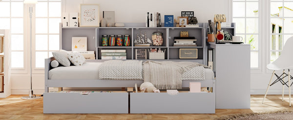 English Elm Full Size L-shaped Daybed with Built-in Desk Bookshelf and Storage for Small Spaces N733S351674E