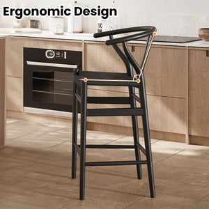 English Elm Wishbone Rattan Barstool with Woven Papercord Seat, Solid Ash Wood, Eco-Friendly Finish, Fully Assembled Black T3623P379811