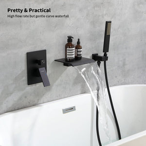 English Elm Male Npt Tub Faucet Set - Matte Black Wall-Mount Shower With Handheld, Solid Brass Waterfall Design T3177P272087