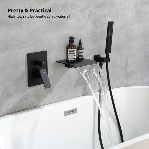 English Elm Male Npt Tub Faucet Set - Matte Black Wall-Mount Shower With Handheld, Solid Brass Waterfall Design T3177P272087