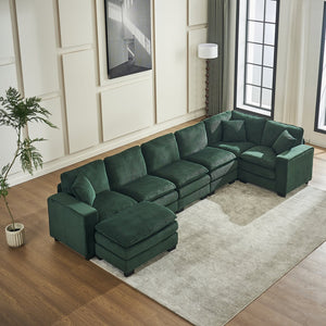 English Elm Modern U Shaped 6-Seat Sectional Sofa with Ottoman and 3 Toss Pillows, Corduroy Modular Comfort and Durable Frame Green W2363S00042