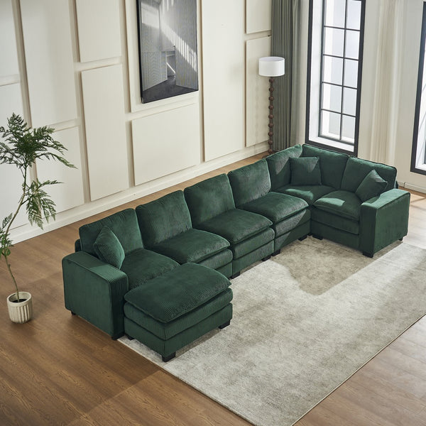 English Elm Modern U Shaped 6-Seat Sectional Sofa with Ottoman and 3 Toss Pillows, Corduroy Modular Comfort and Durable Frame Green W2363S00042
