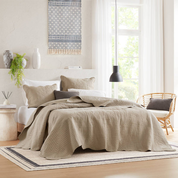JLA Home Madison Park - 3 Reversible Scalloped Edge Quilt Set with Antimicrobial Protection, Cottage Charm, Machine Washable Khaki MP13-8498