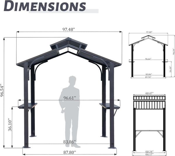 English Elm 8×5FT Hardtop Grill Gazebo with Galvanized Steel Double Roof, Stable Frame, Shelves, Hook, Opener Grey W1859S00102