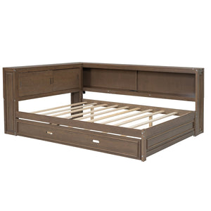 English Elm Full Pine Daybed with Trundle Sliding Storage Shelves Led Lighting and Usb Charging Wood GX004003AAD
