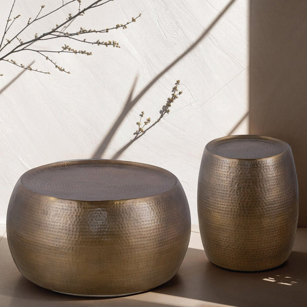 English Elm CT501 Hand-Hammered Round Aluminum Coffee and End Table Set — Drum Design, Textured Accent, No Assembly Required Gold B009S01532