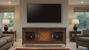 English Elm Modern 70" TV Stand Dark Cherry Finish with Gold Accents, 3 Felt-Lined Drawers, Sturdy Wood Design B2741P395430