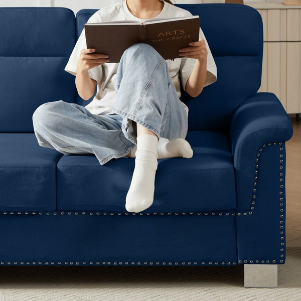 English Elm 82" Chesterfield Snowfleece Upholstered 3-seat Sofa Nailhead Trim Plush Living Room Blue W1359P386025